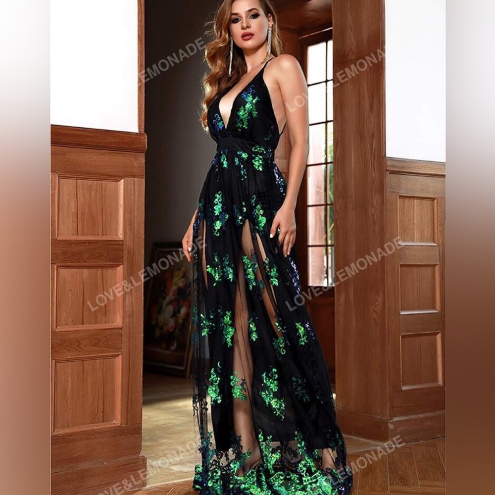 Black and green maxi sequined dress. Prom/wedding or any special occasion.